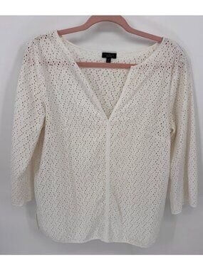 Talbots Womens White Eyelet Lace 3/4 Sleeve Pullover Blouse Size Medium